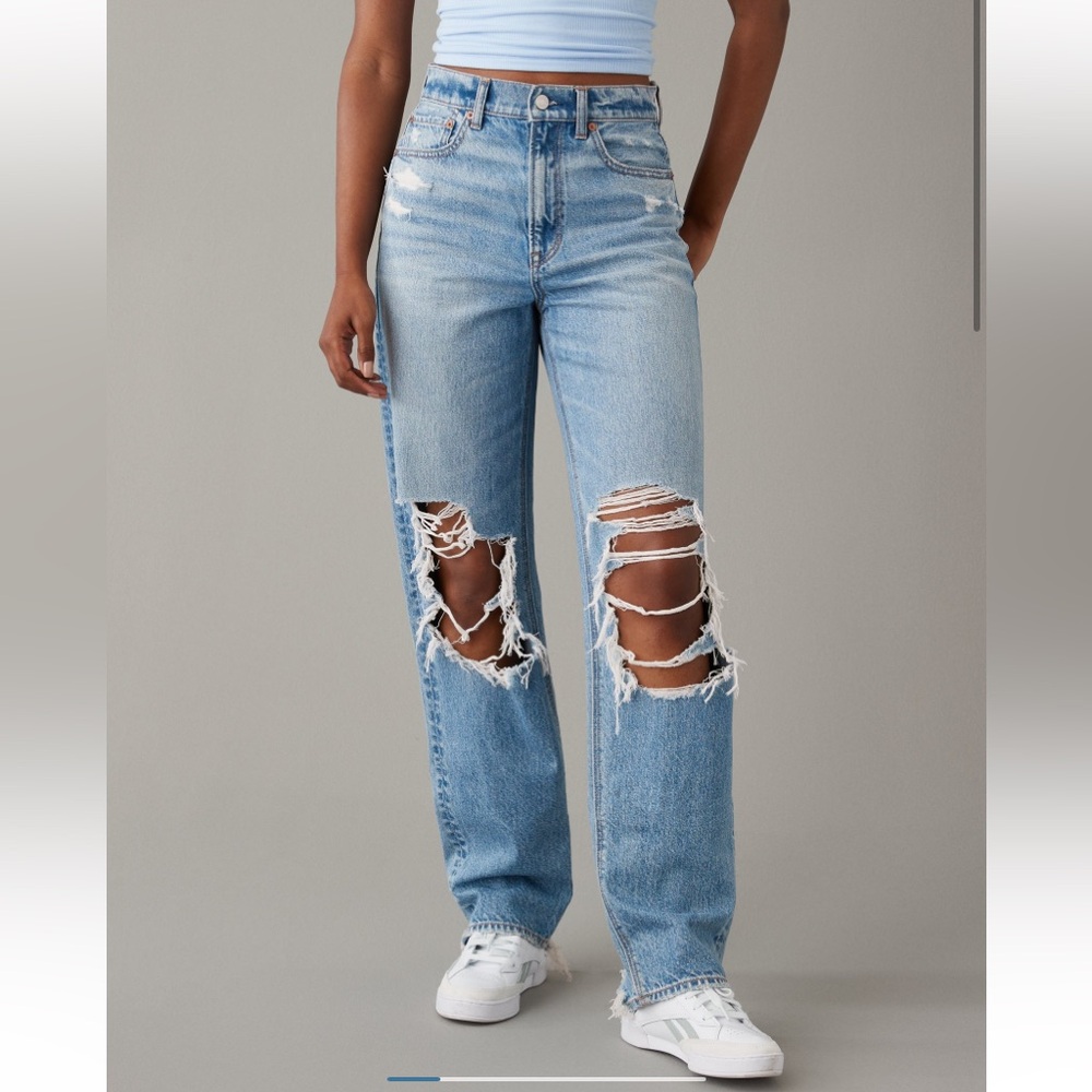 American Eagle LONG Highest Rise Baggy Straight Distressed Blue Jeans